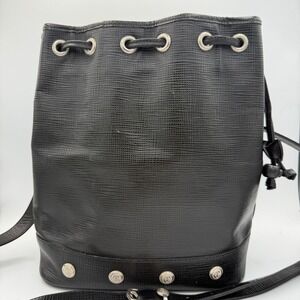 Philippe Charriol Paris Black Textured‎ Leather Drawstring Bucket Bag